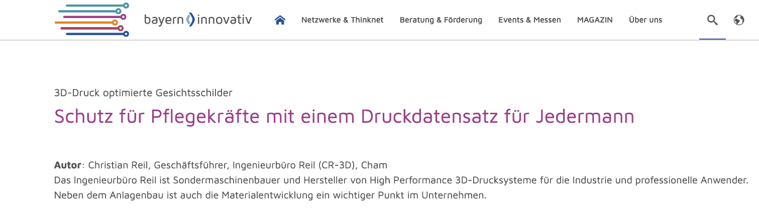 Bayern-Innovativ berichtet über 3D-Druck FaceShields